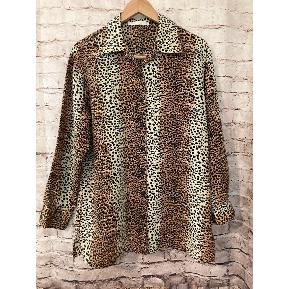 Annie Alexander Top Womens Medium Brown Animal Print Button Up Oversized Cheetah
